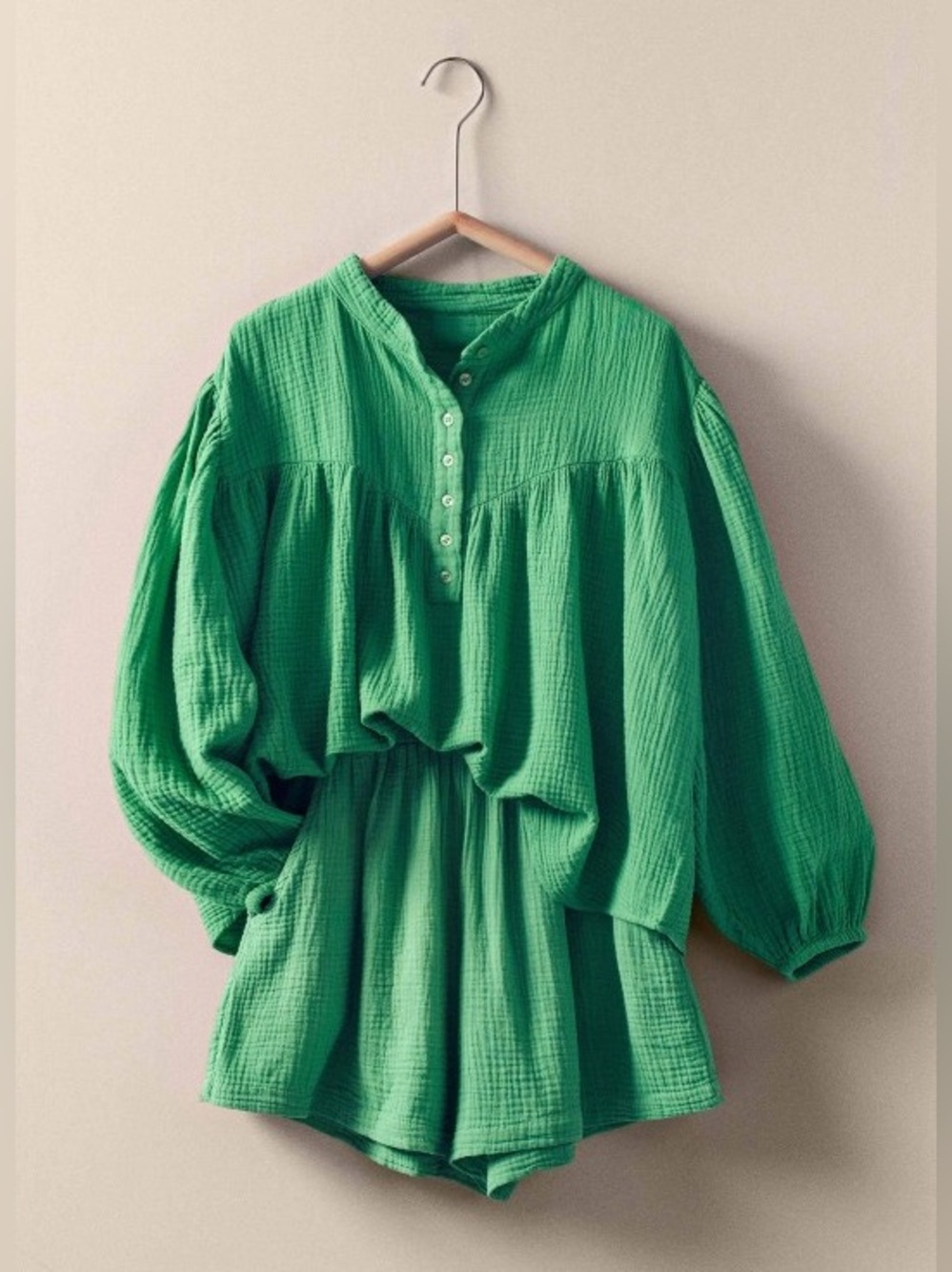 Green Two-Piece Cotton Gauze Lounge Set - Henley Style Top + Shorts